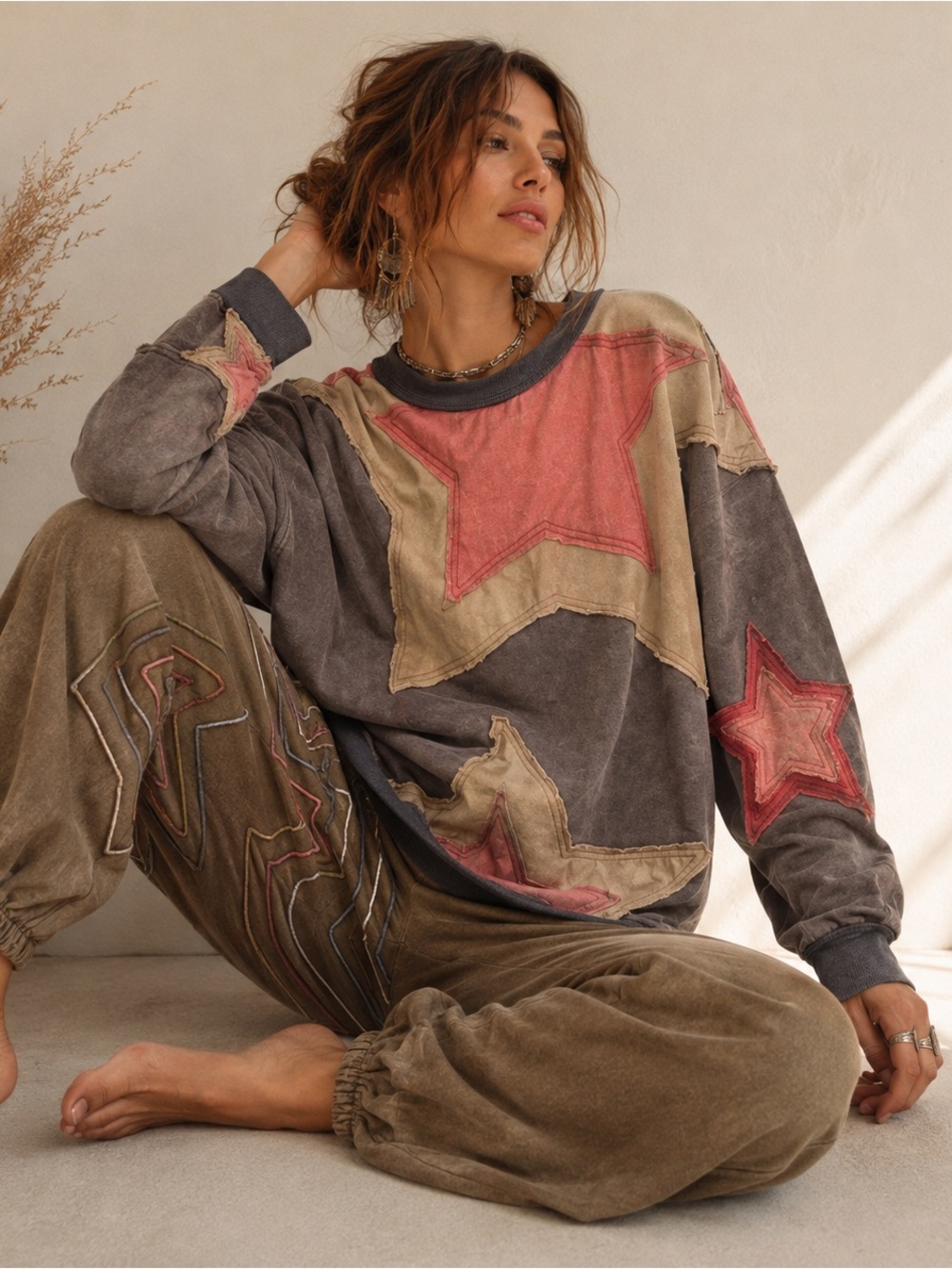 Oli & Hali Mineral Wash Star Patchwork Pullover Sweatshirt Jogger Pants Set Boho